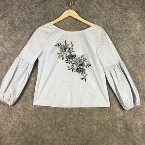 White House Black Market Top 2 Blouse Career Floral Embroidered Puff Sleeve Blue